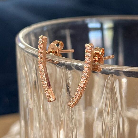 Sterling Silver Earrings Rose Gold Plated 925 Posts Cubic Zirconia Climber Studs - Picture 6 of 13